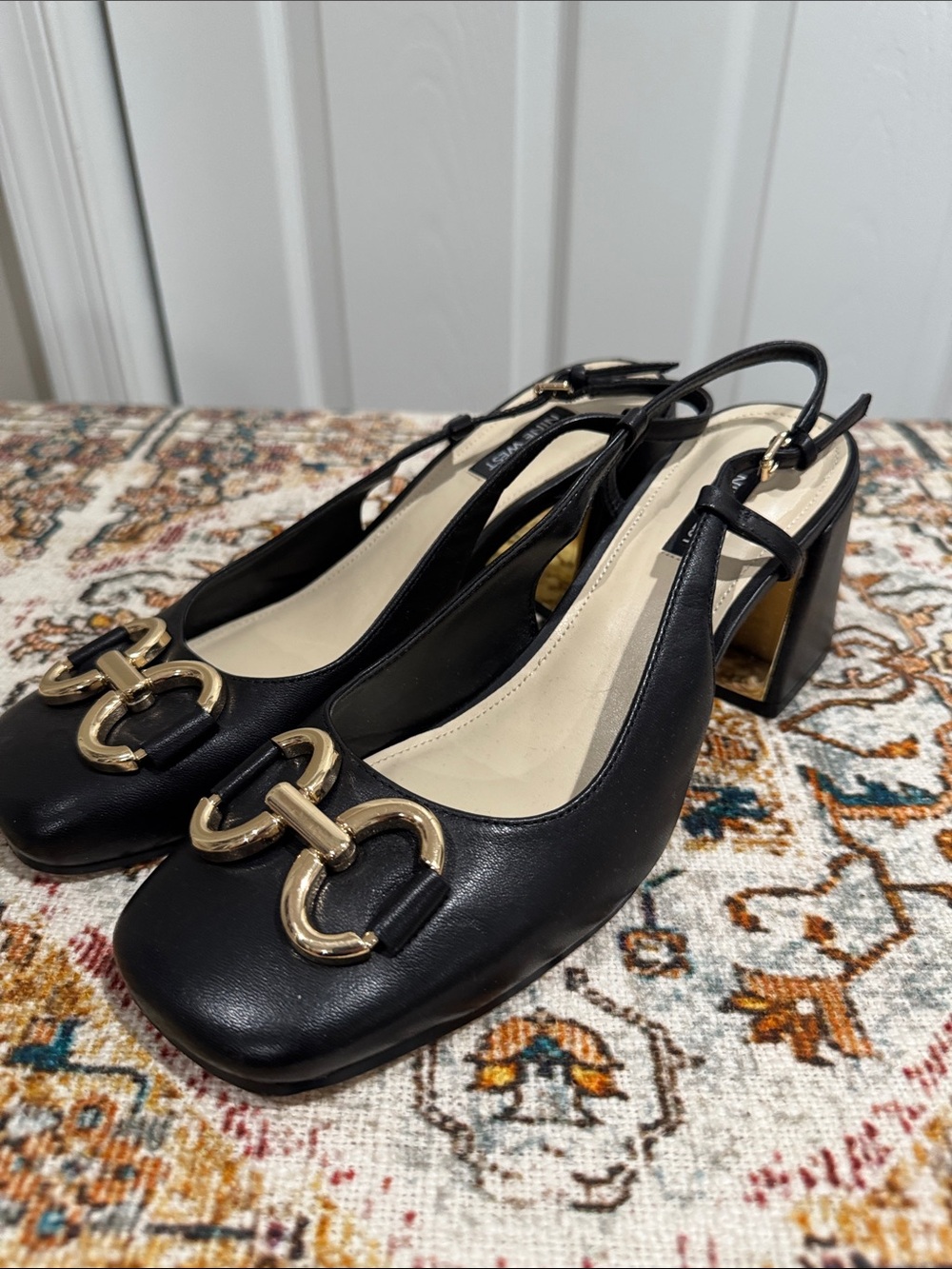 Nine West Black Leather Slingback Block Heels with Gold Chain Detail